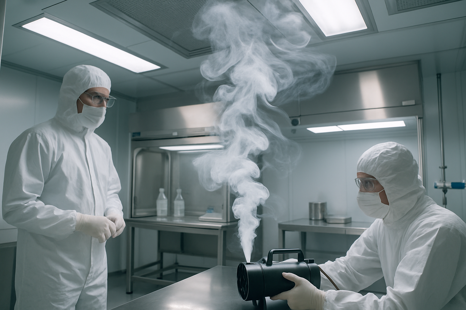 Smoke study in a pharmaceutical cleanroom demonstrating airflow patterns with a smoke generator.