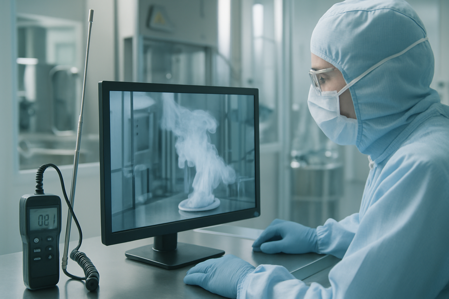Technician reviewing video documentation of a smoke study in a cleanroom.