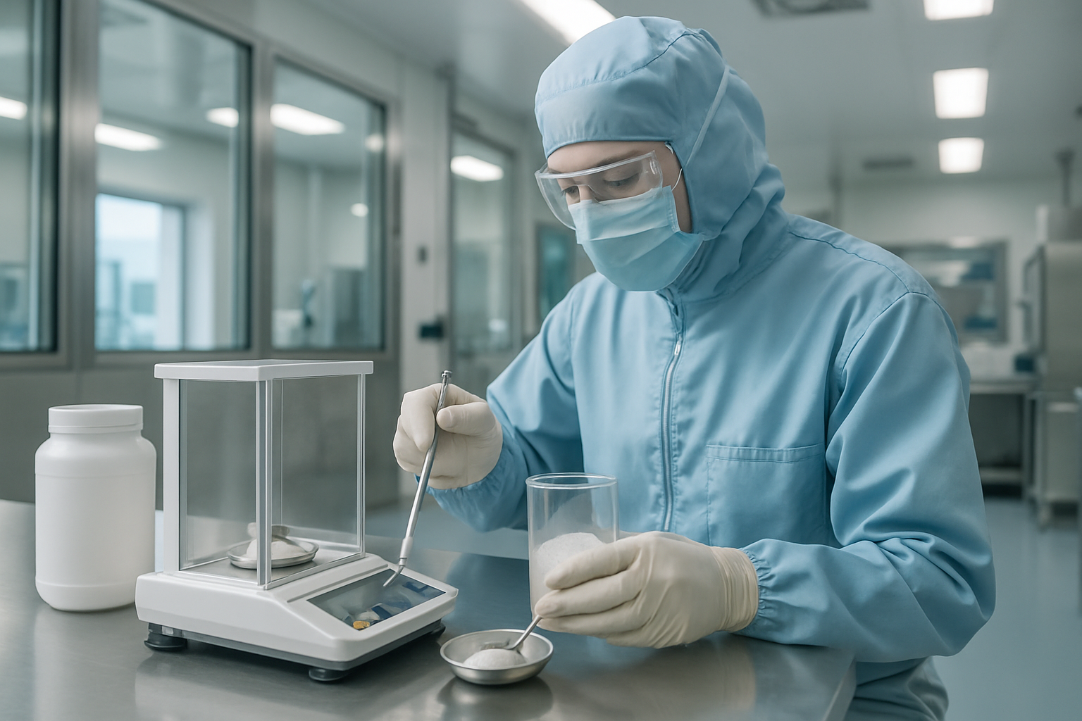 Technician measuring raw material samples in a cleanroom for pharmaceuticals.