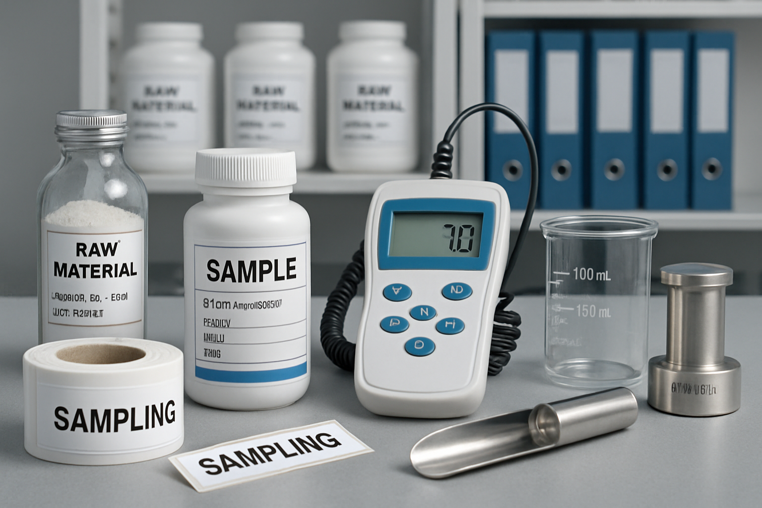 Pharmaceutical sampling equipment and raw materials organized in a laboratory.