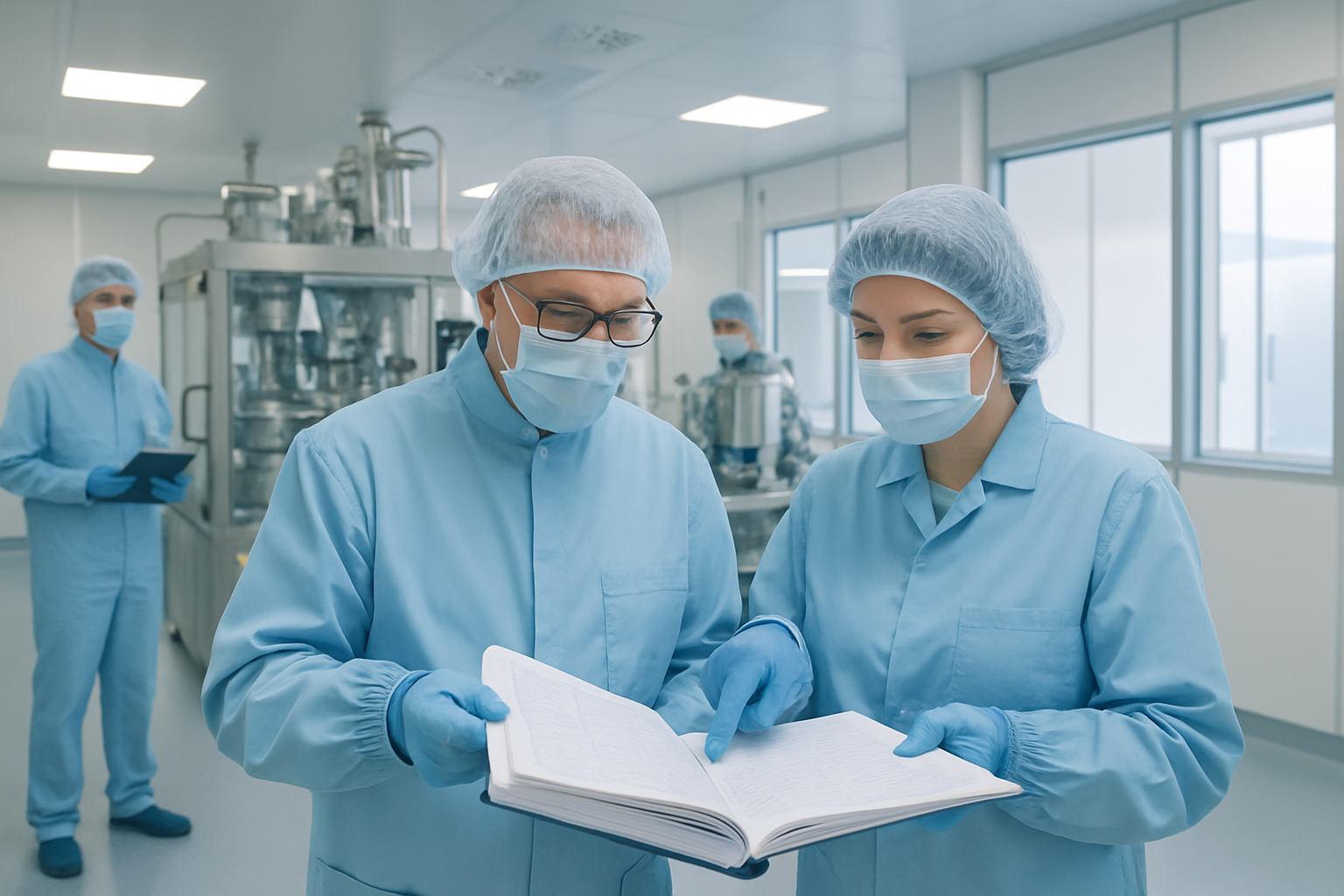 Pharmaceutical cleanroom mock audit with auditors reviewing batch production records.