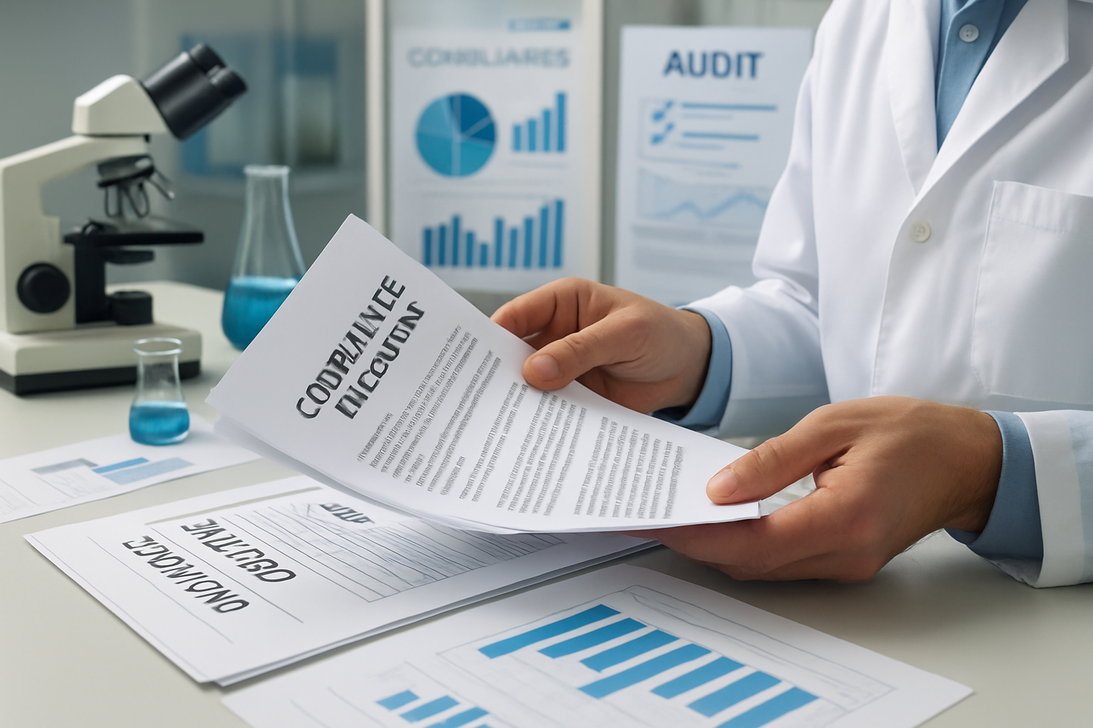 Independent auditors reviewing compliance documentation in a quality control lab.