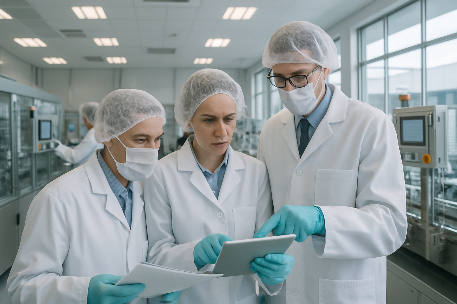 Cleanroom environment in a USFDA approved pharmaceutical plant with employees focusing on quality control.