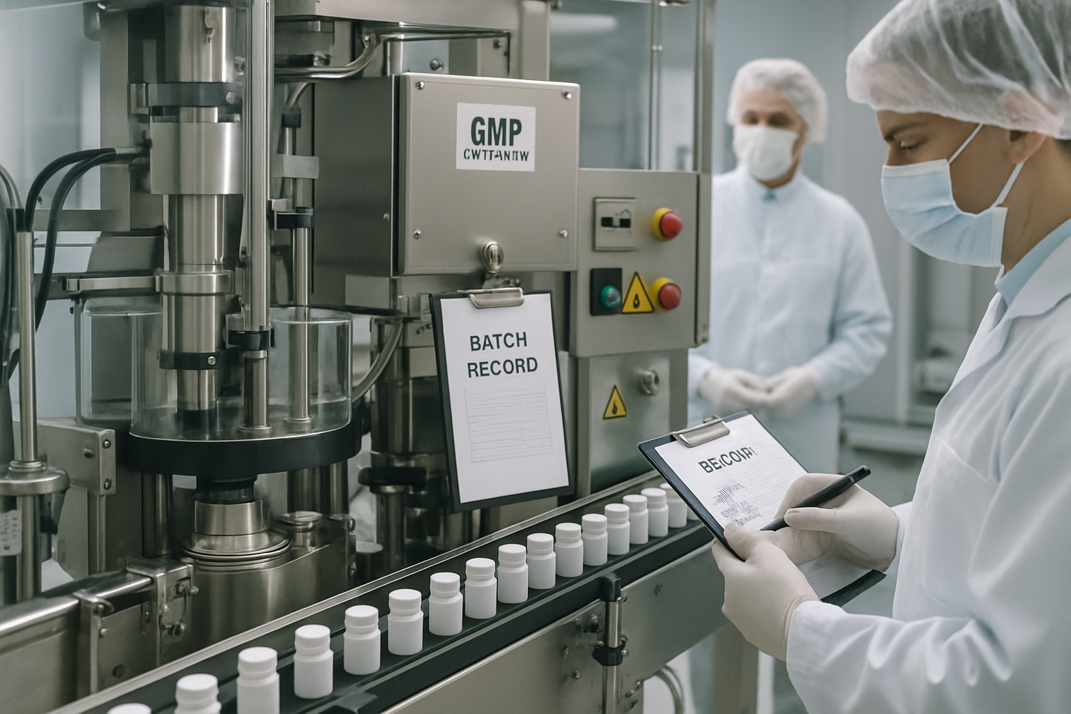 Pharmaceutical production line in a USFDA approved facility emphasizing compliance and quality checks.