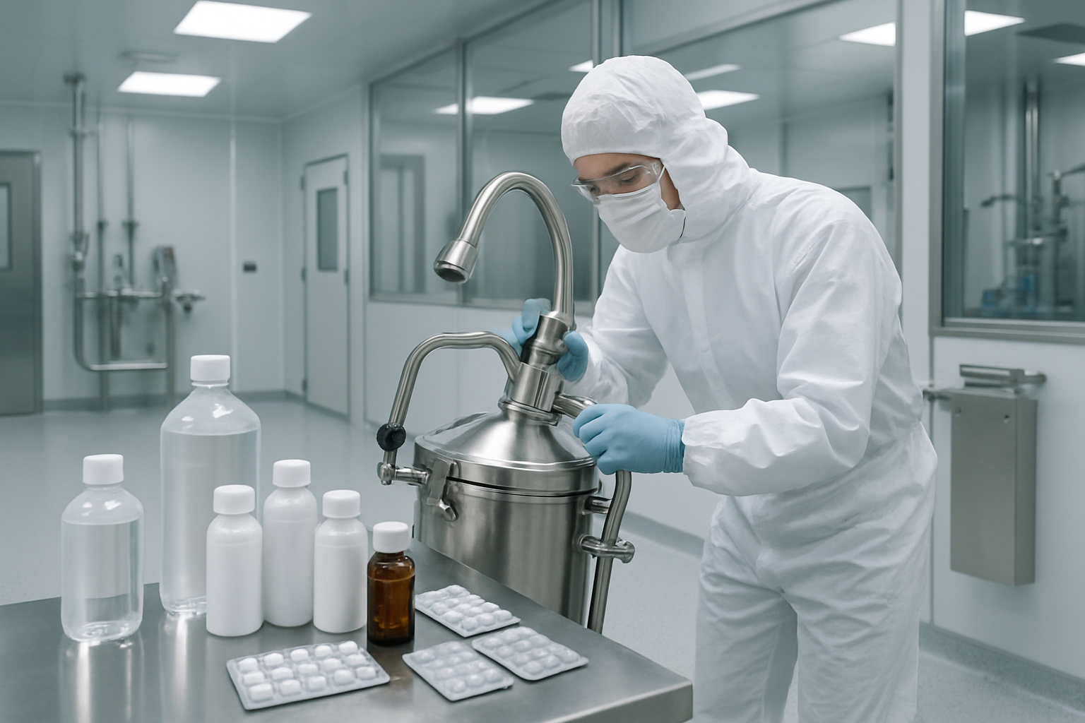 Technician inspecting cleaning equipment in a cleanroom for pharmaceutical validation.