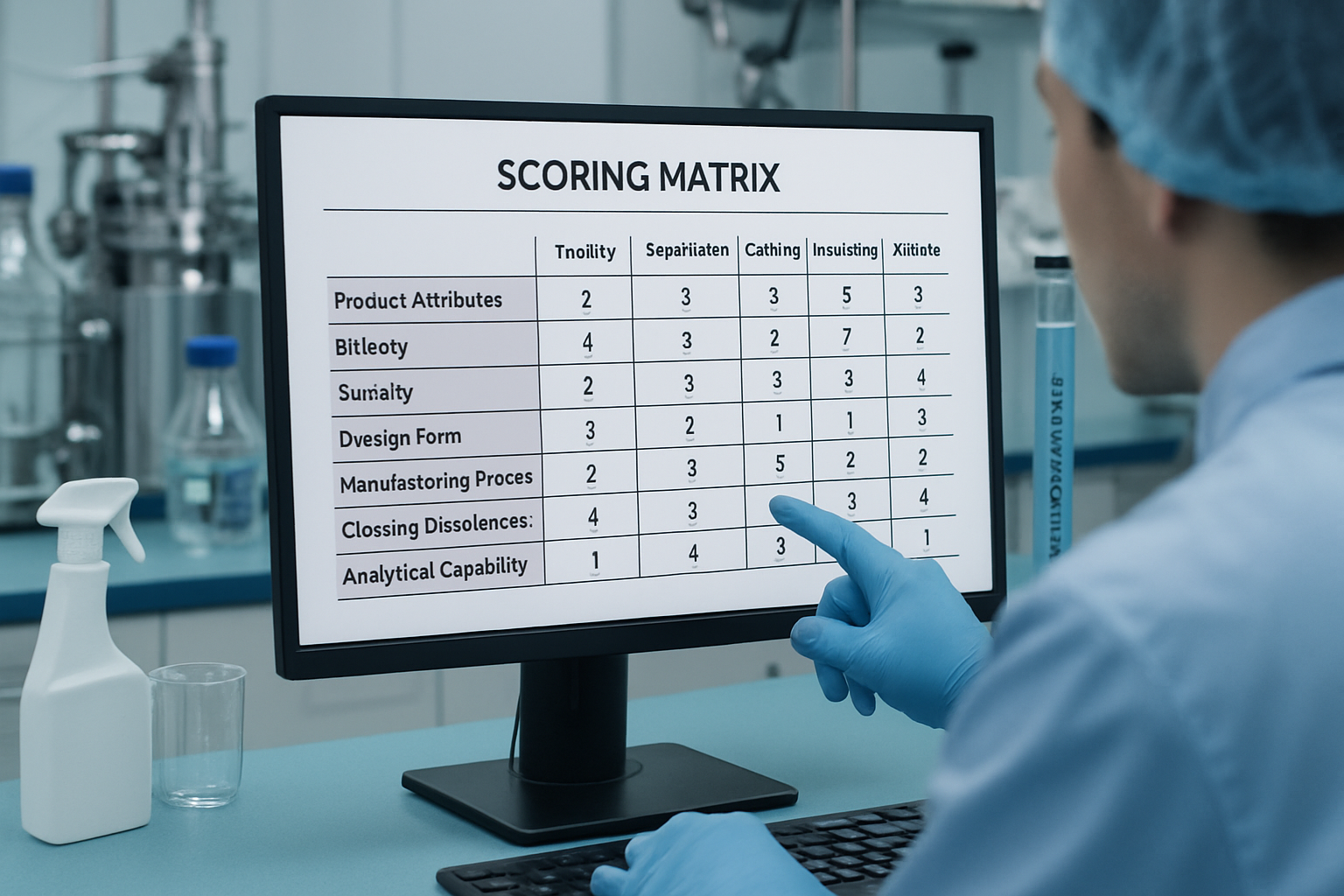 Scoring matrix for risk assessment displayed on a computer in a pharmaceutical lab.