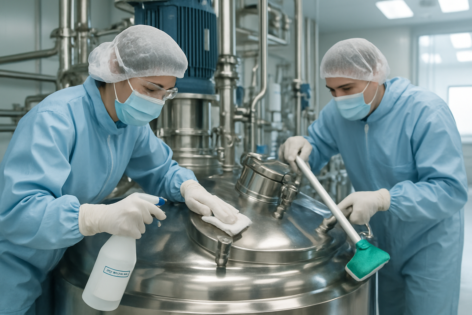 Technicians cleaning production equipment in a pharmaceutical cleanroom.