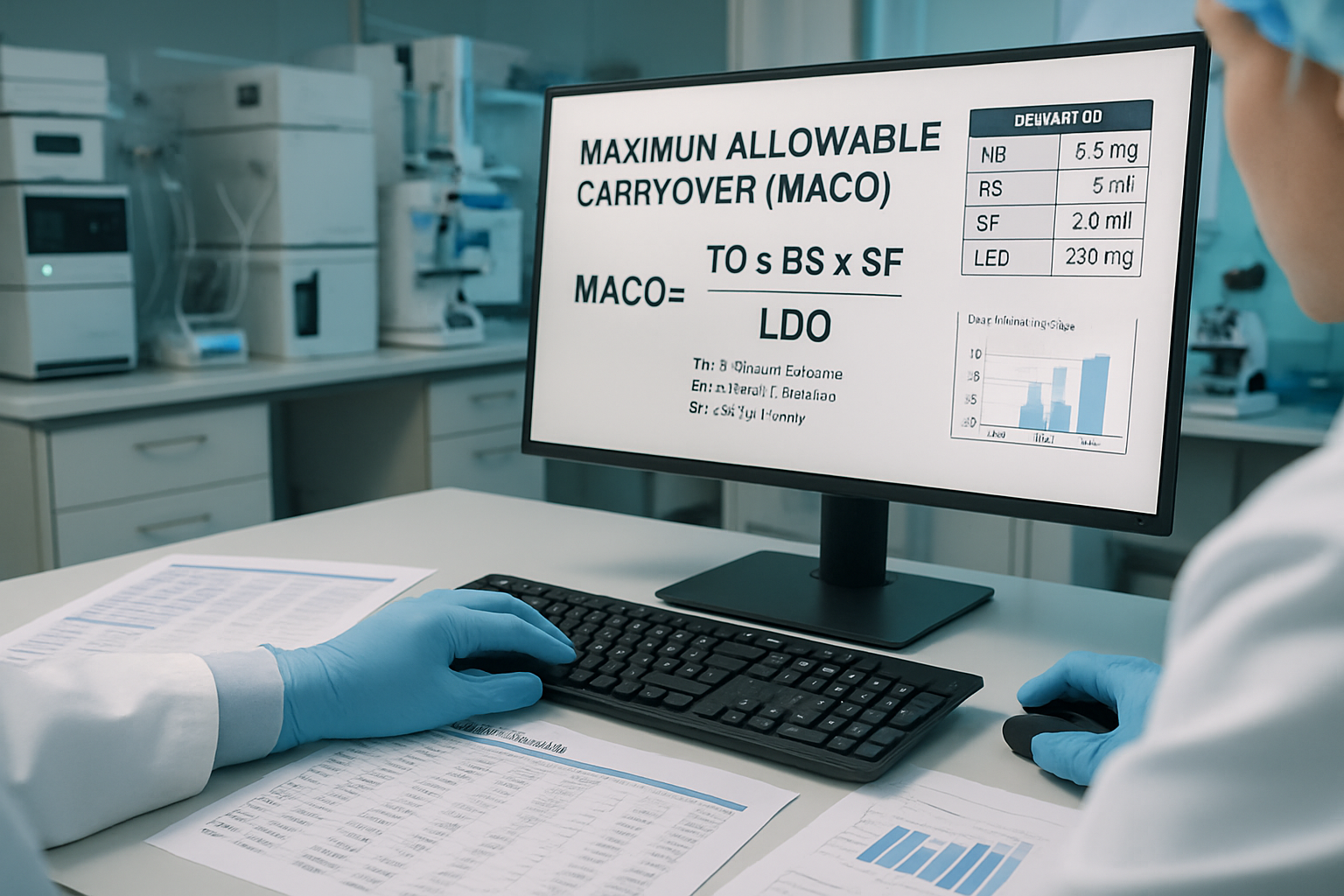 Laboratory technician calculating MACO values with analytical equipment in the background.