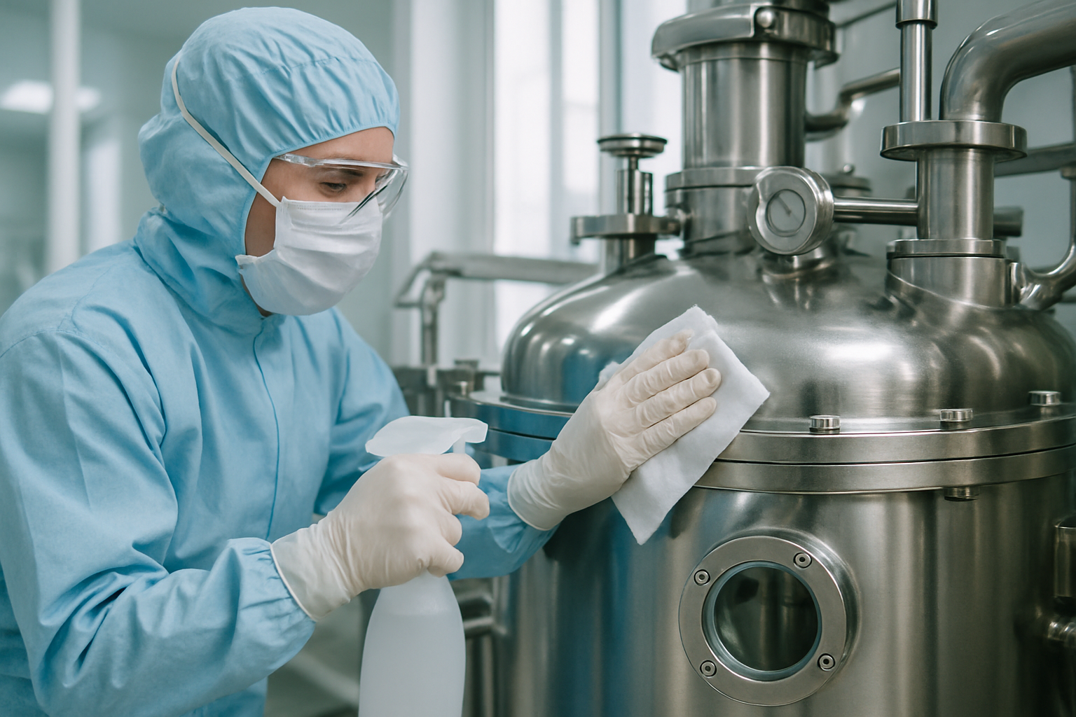 Technician cleaning pharmaceutical equipment in a sterile cleanroom.
