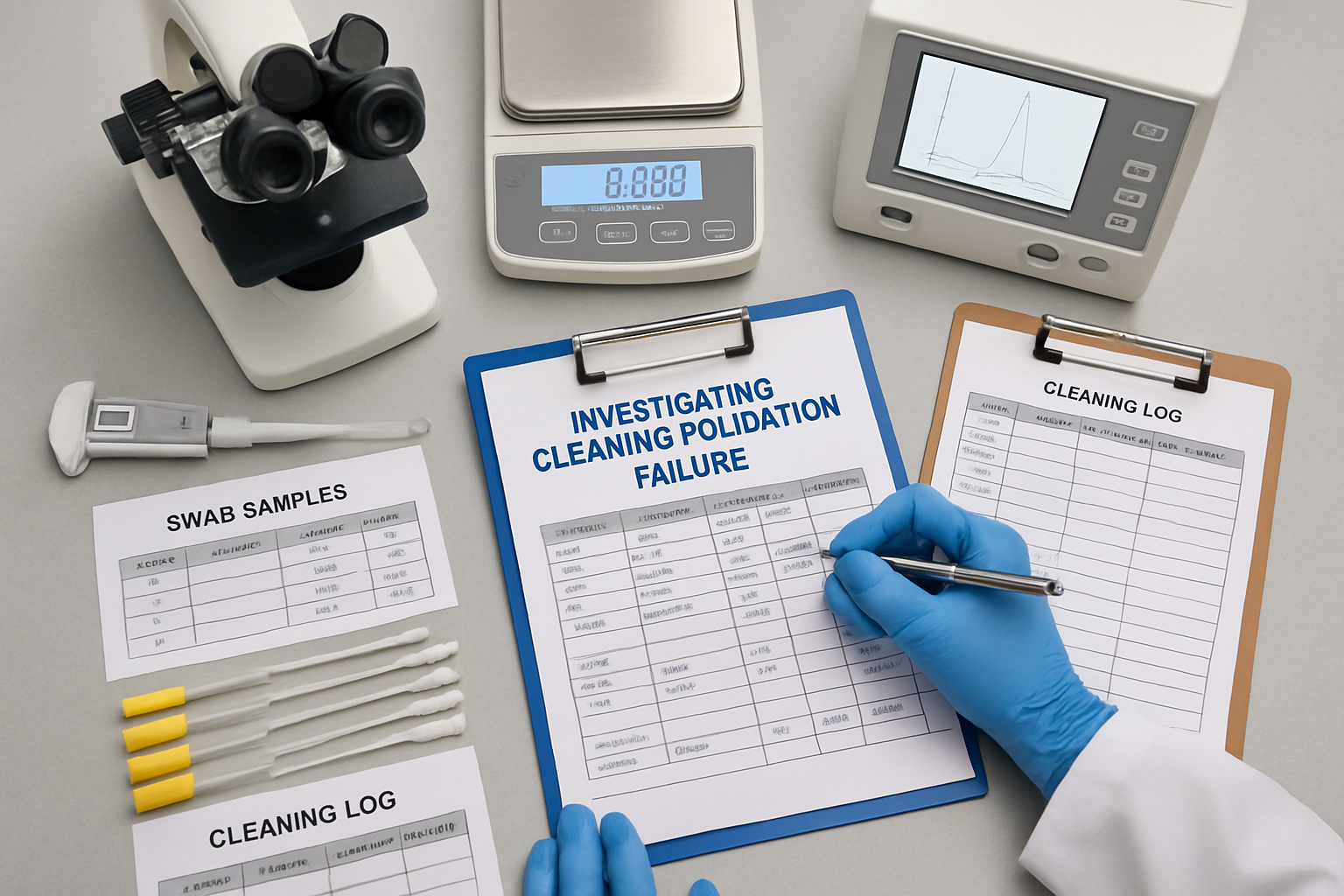Laboratory workspace with cleaning validation documentation and analytical instruments.