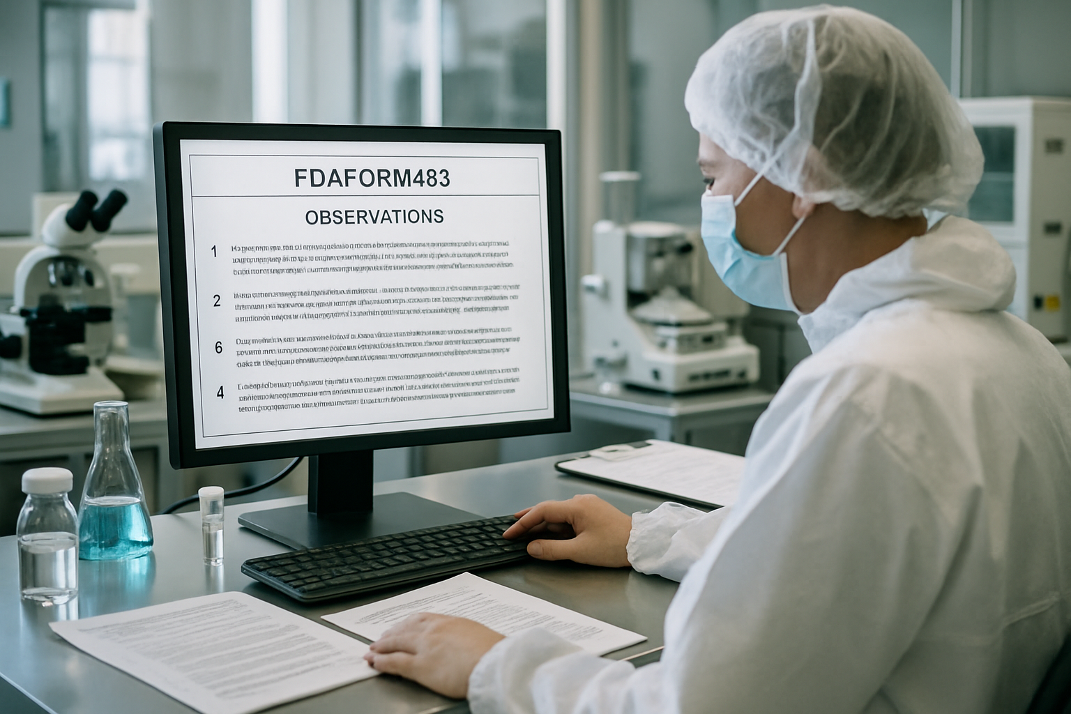 Technician analyzing FDA Form 483 observations in a pharmaceutical lab.