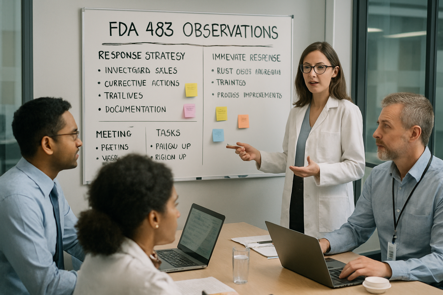 Cross-functional team strategizing response to FDA Form 483 in a pharmaceutical office.