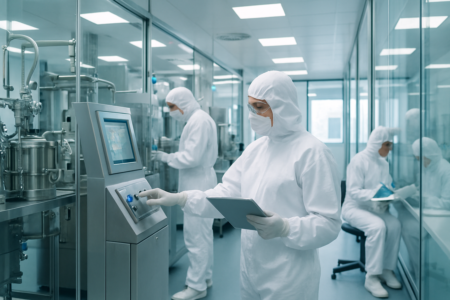 Technicians conducting validation tests in a cleanroom environment.