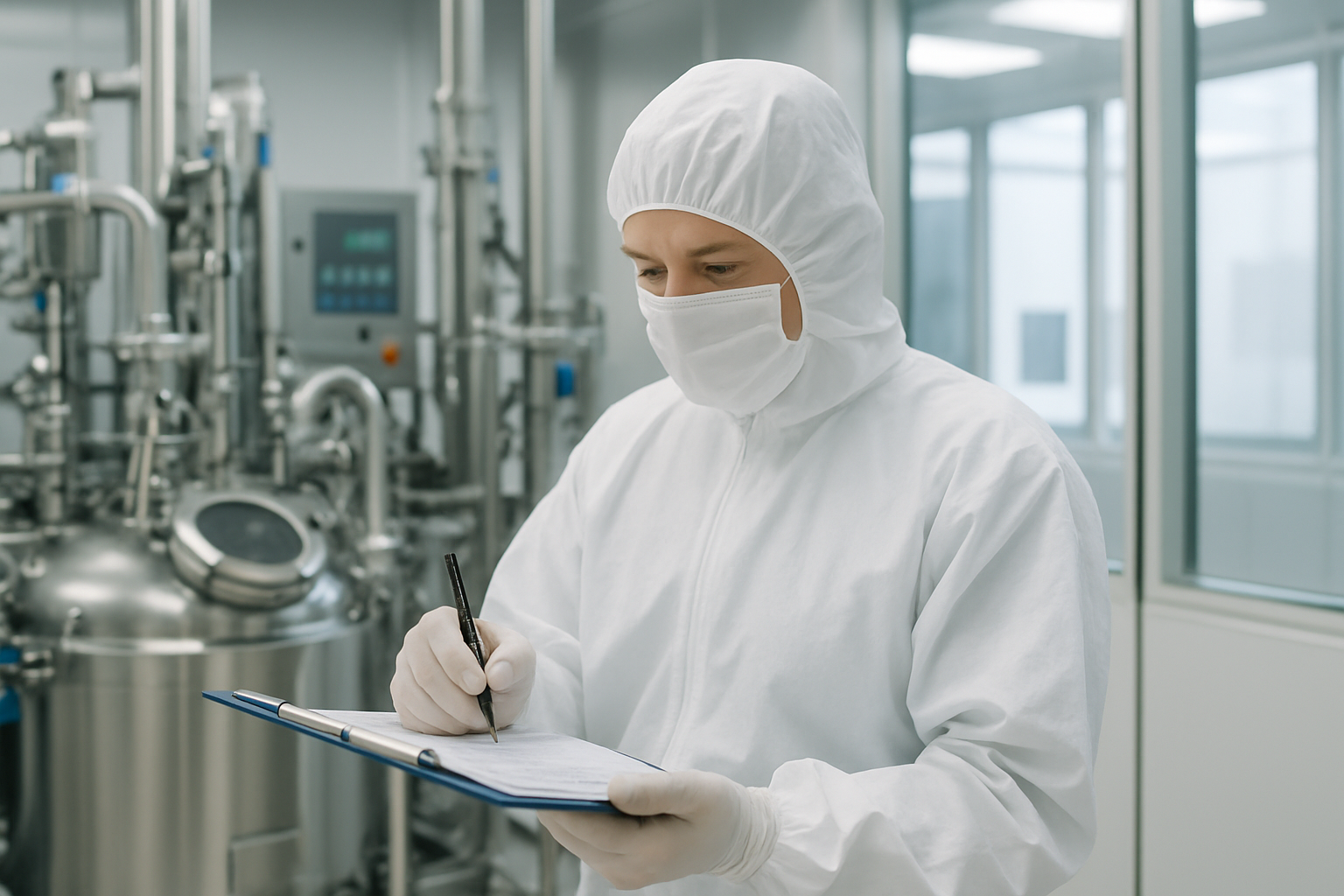 Technician documenting data in a pharmaceutical cleanroom.