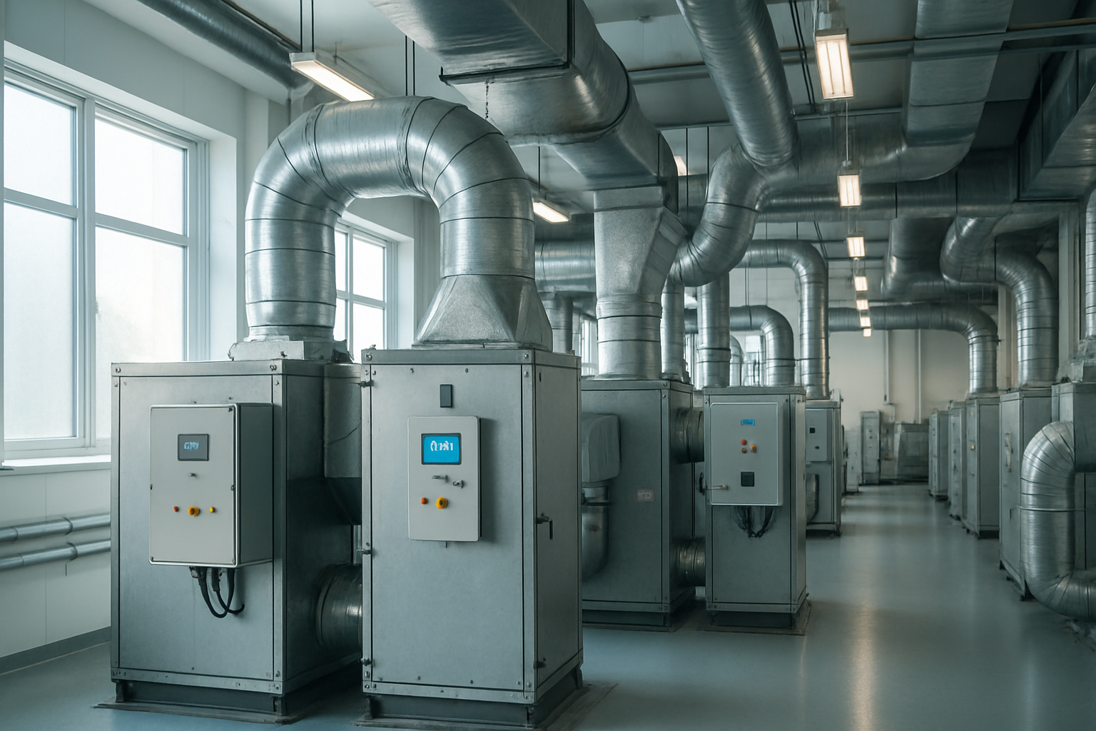 HVAC system in a pharmaceutical manufacturing facility showcasing air handling units and ductwork.