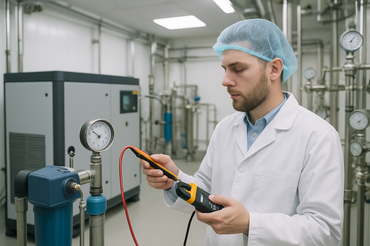 Technician performing an energy audit on compressed air systems in a pharmaceutical facility.