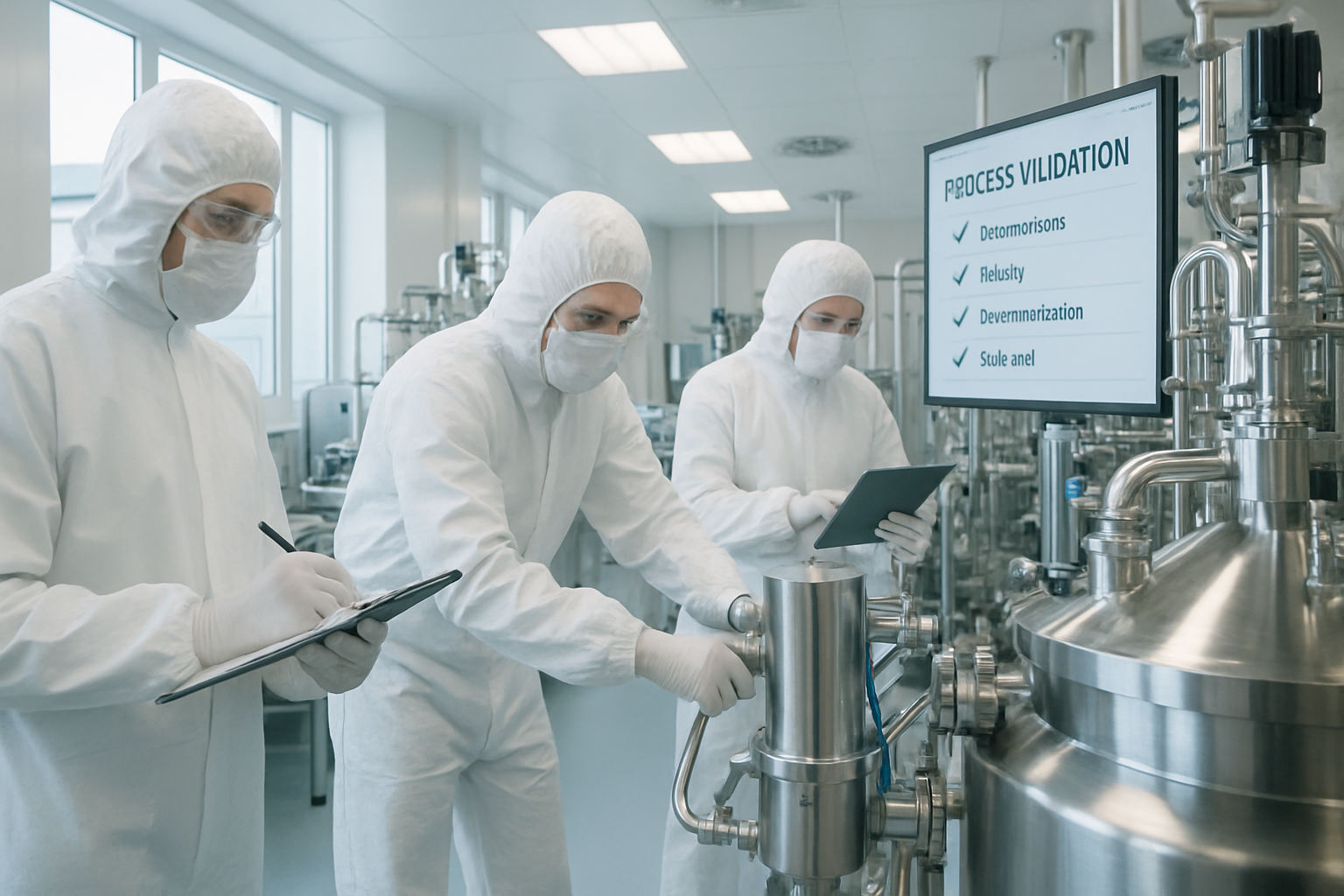 Cleanroom scene with scientists conducting process validation tests in a pharmaceutical facility.