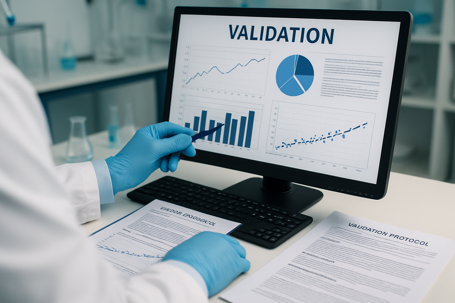 Laboratory technician analyzing validation data and protocols on a computer in a pharmaceutical lab.