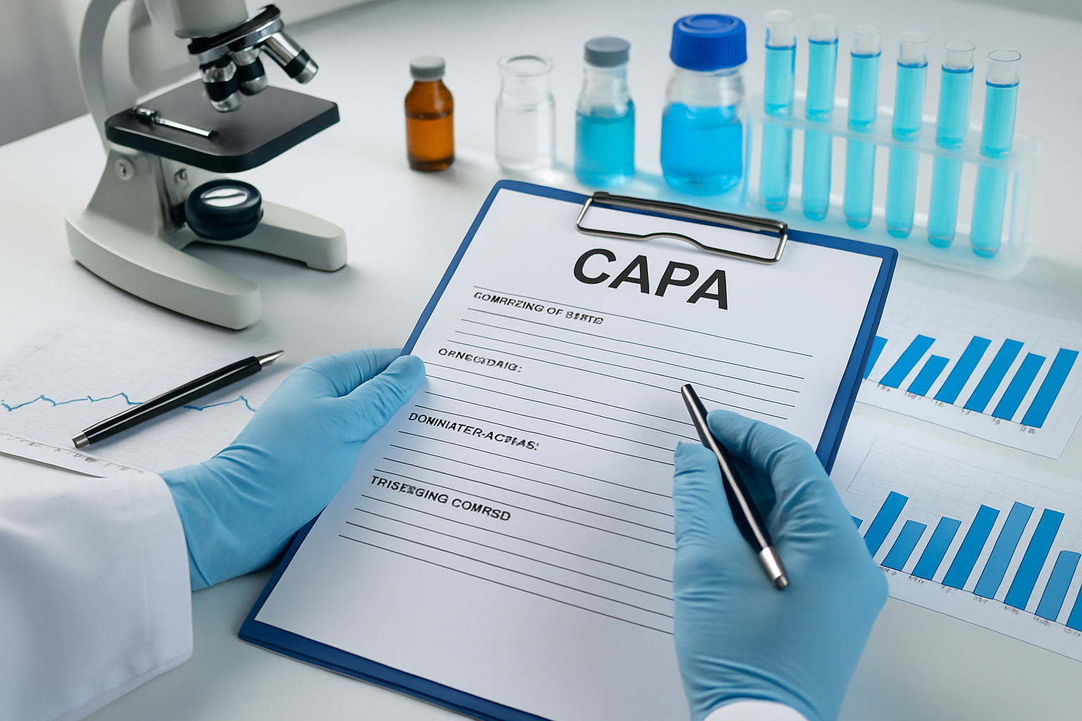 Laboratory technician evaluating CAPA documentation in a pharmaceutical lab.