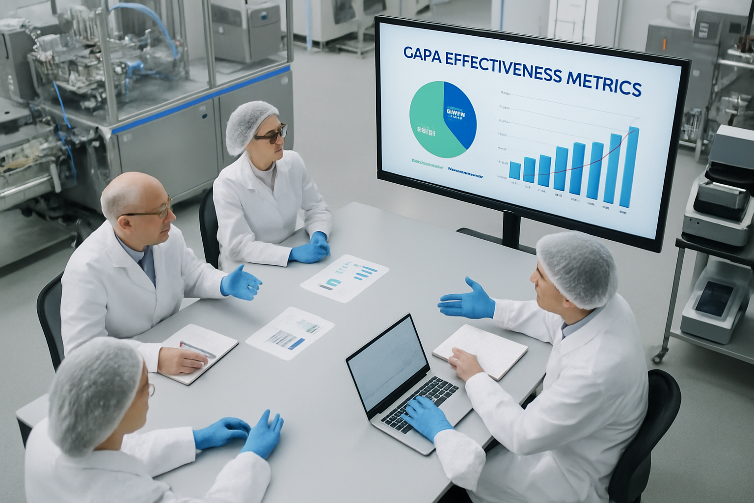 Quality management team discussing CAPA effectiveness metrics in a meeting room.