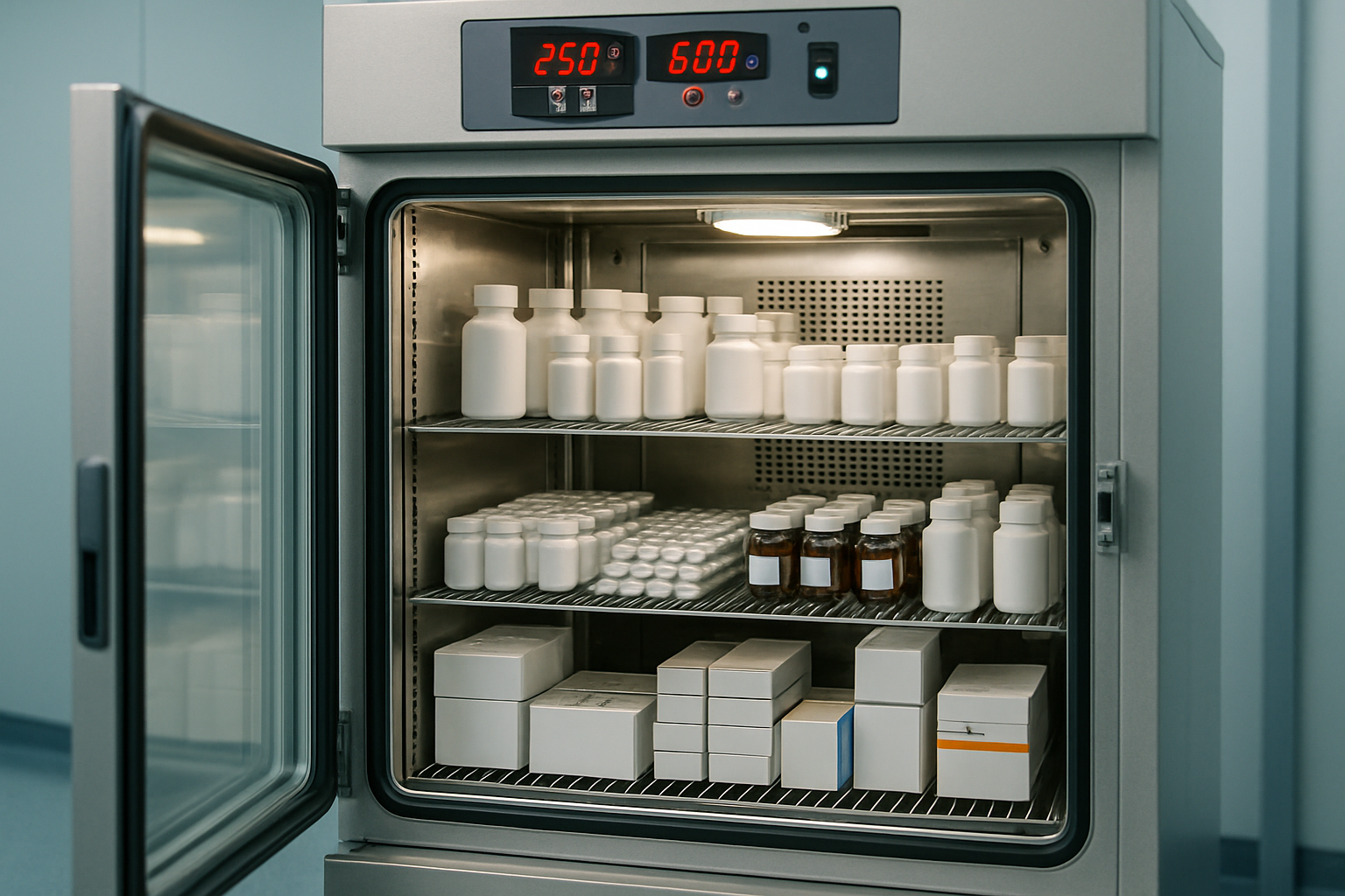 Interior view of a pharmaceutical stability chamber with temperature and humidity controls.