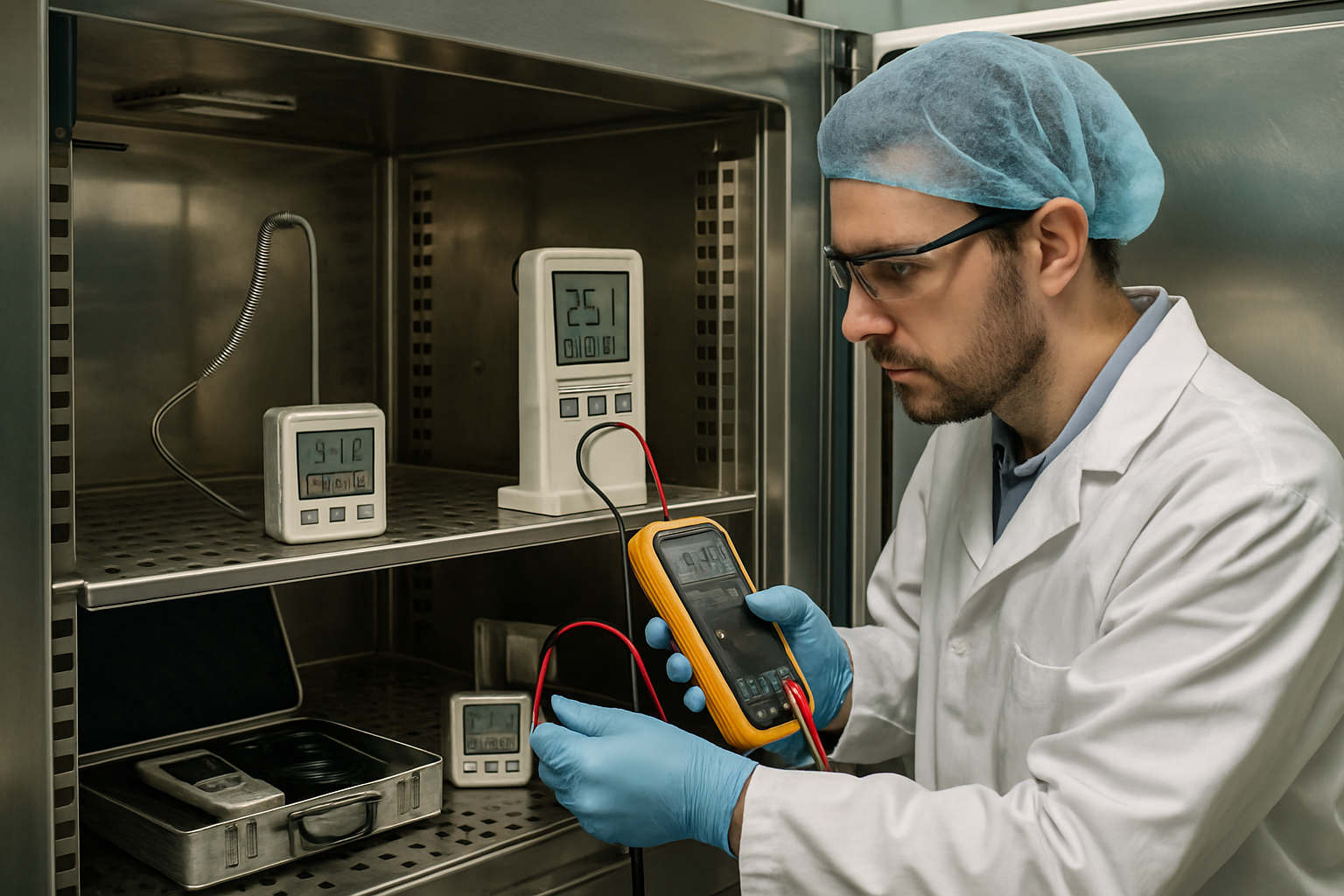 Technician calibrating monitoring devices in a pharmaceutical stability chamber.