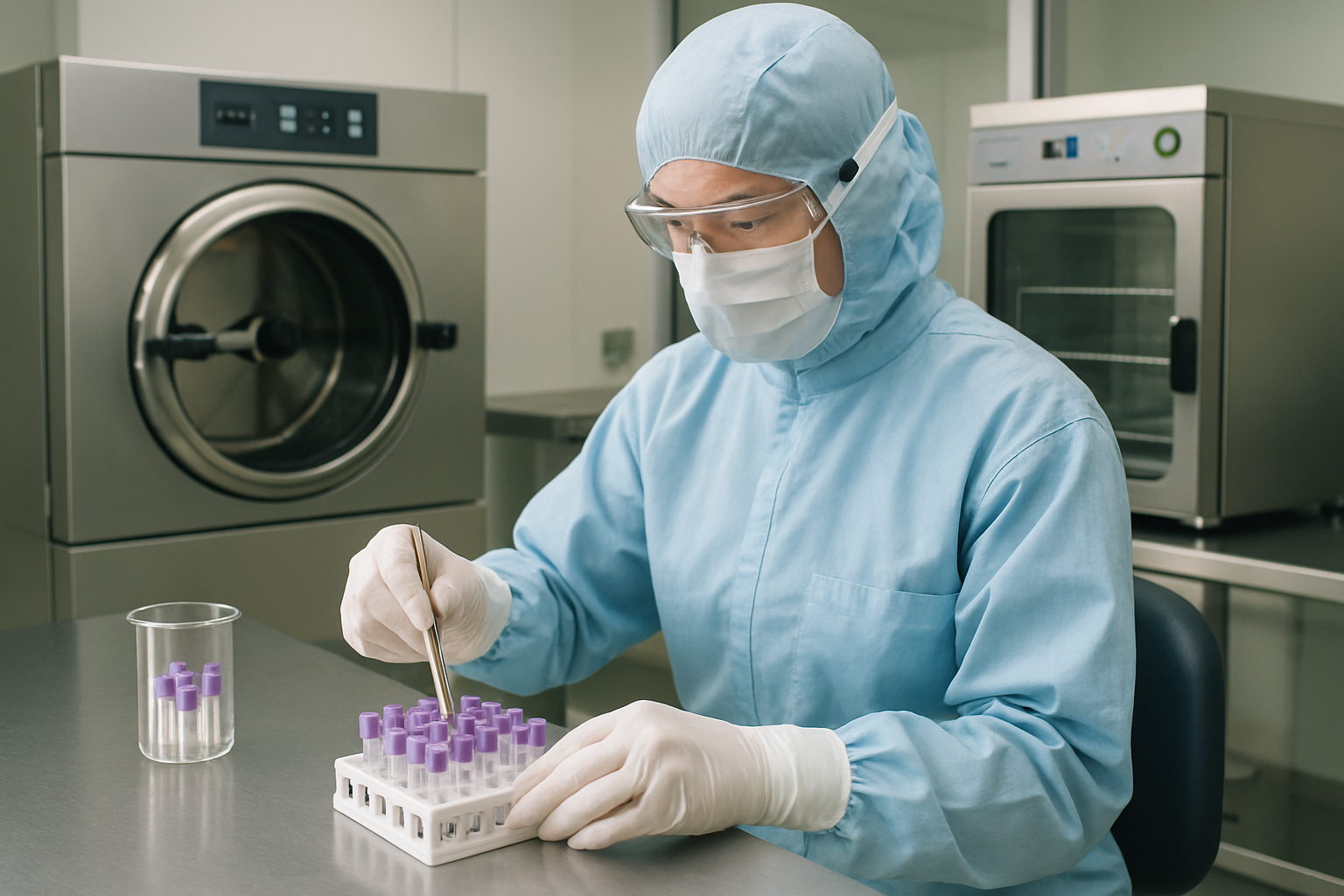 Laboratory technician preparing biological indicators in a cleanroom for sterilization testing.