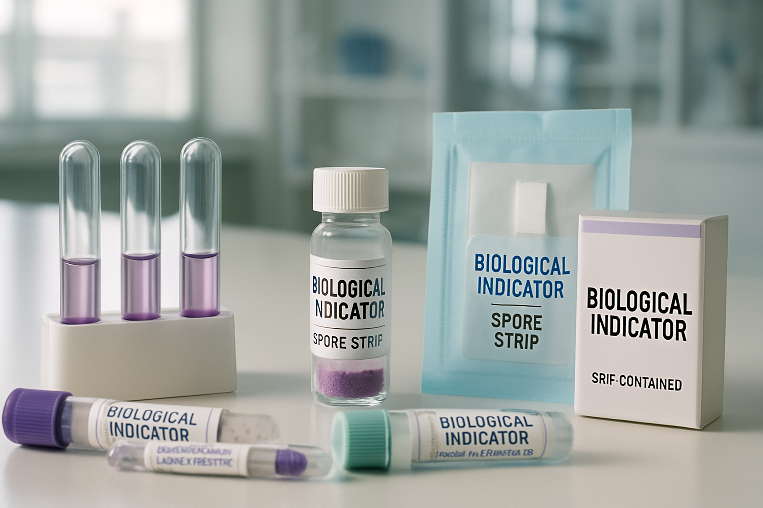 Close-up of various biological indicators used for sterilization validation in a laboratory setting.