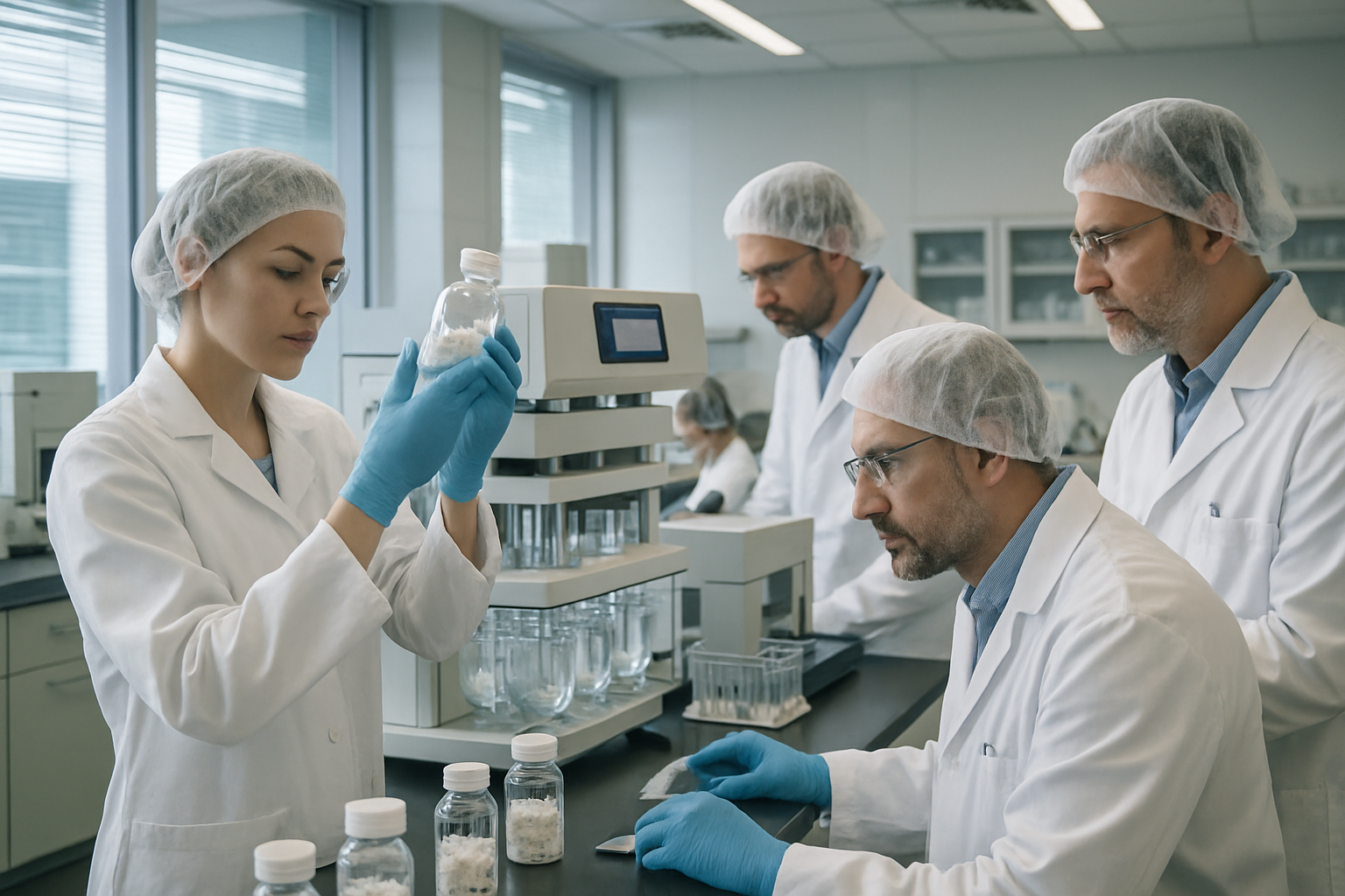Pharmaceutical scientists conducting stability tests in a cleanroom laboratory.
