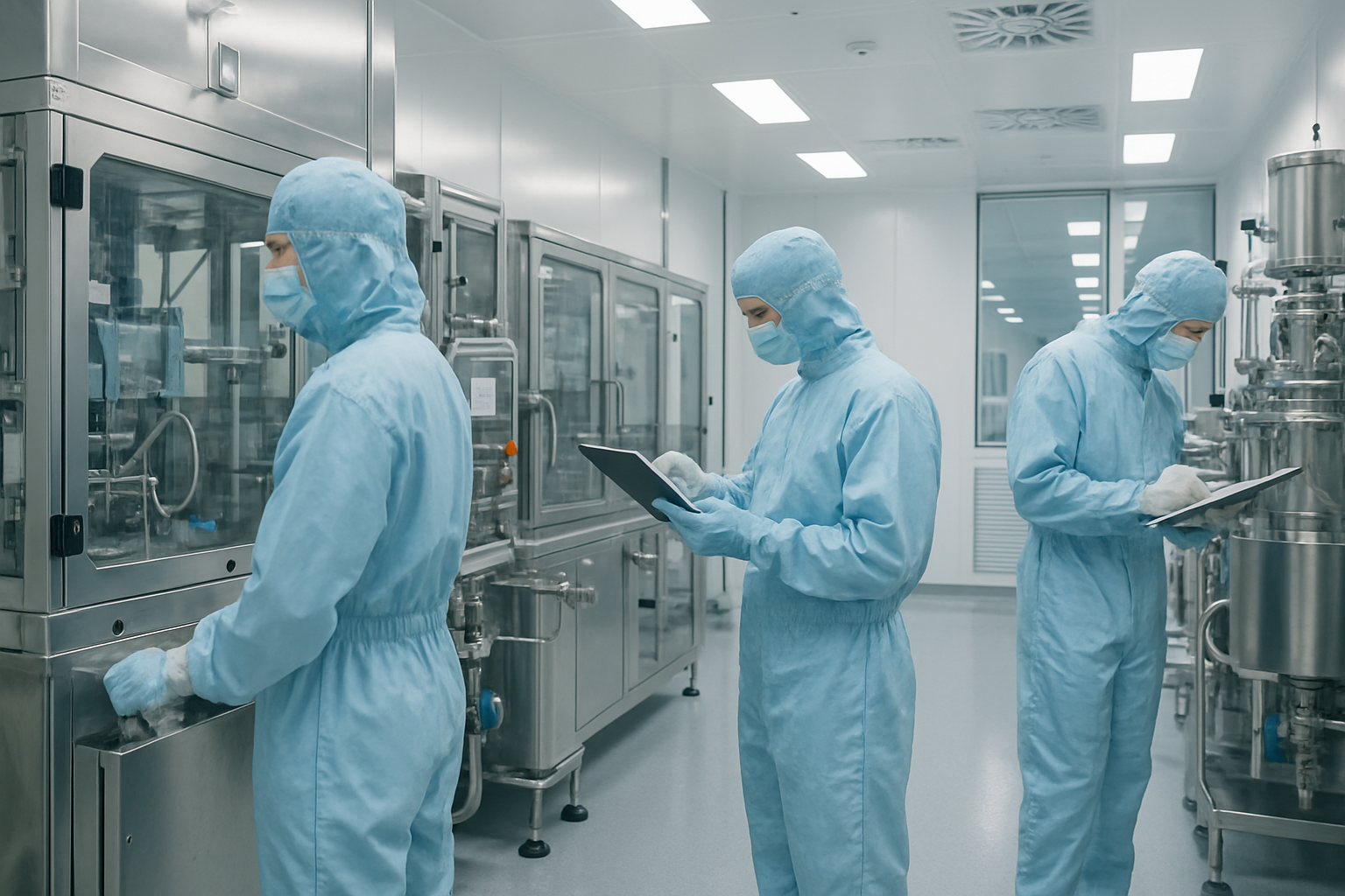 Technicians validating equipment in a pharmaceutical cleanroom.