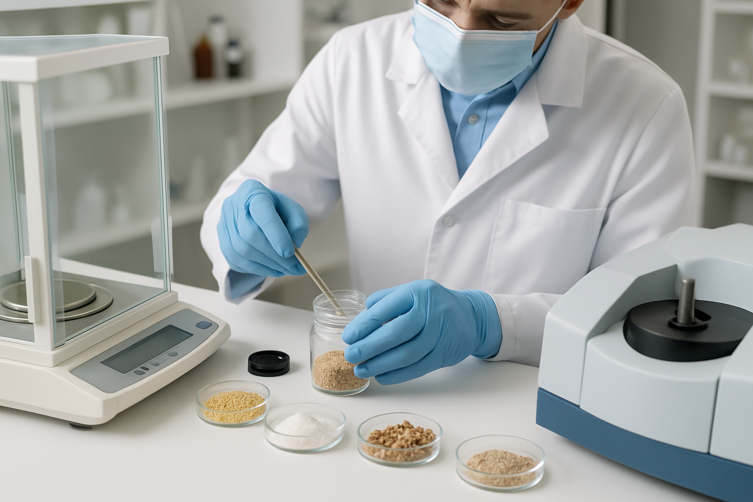 Laboratory technician analyzing raw material samples for quality control.