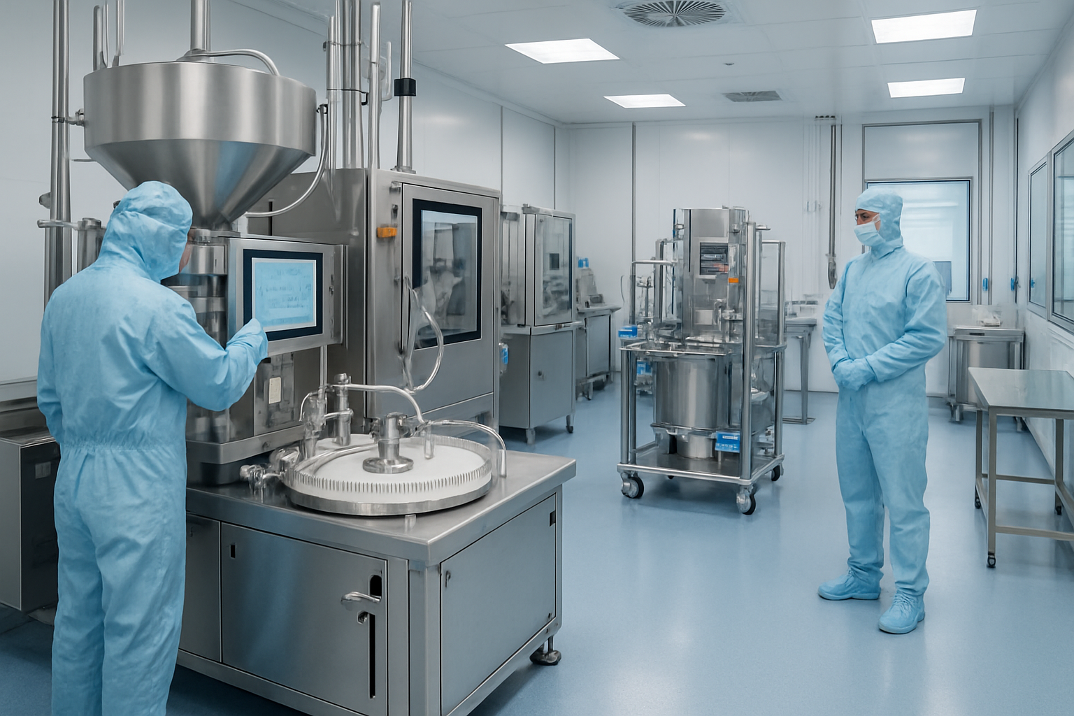 Cleanroom environment in a pharmaceutical facility with advanced machinery and technicians.