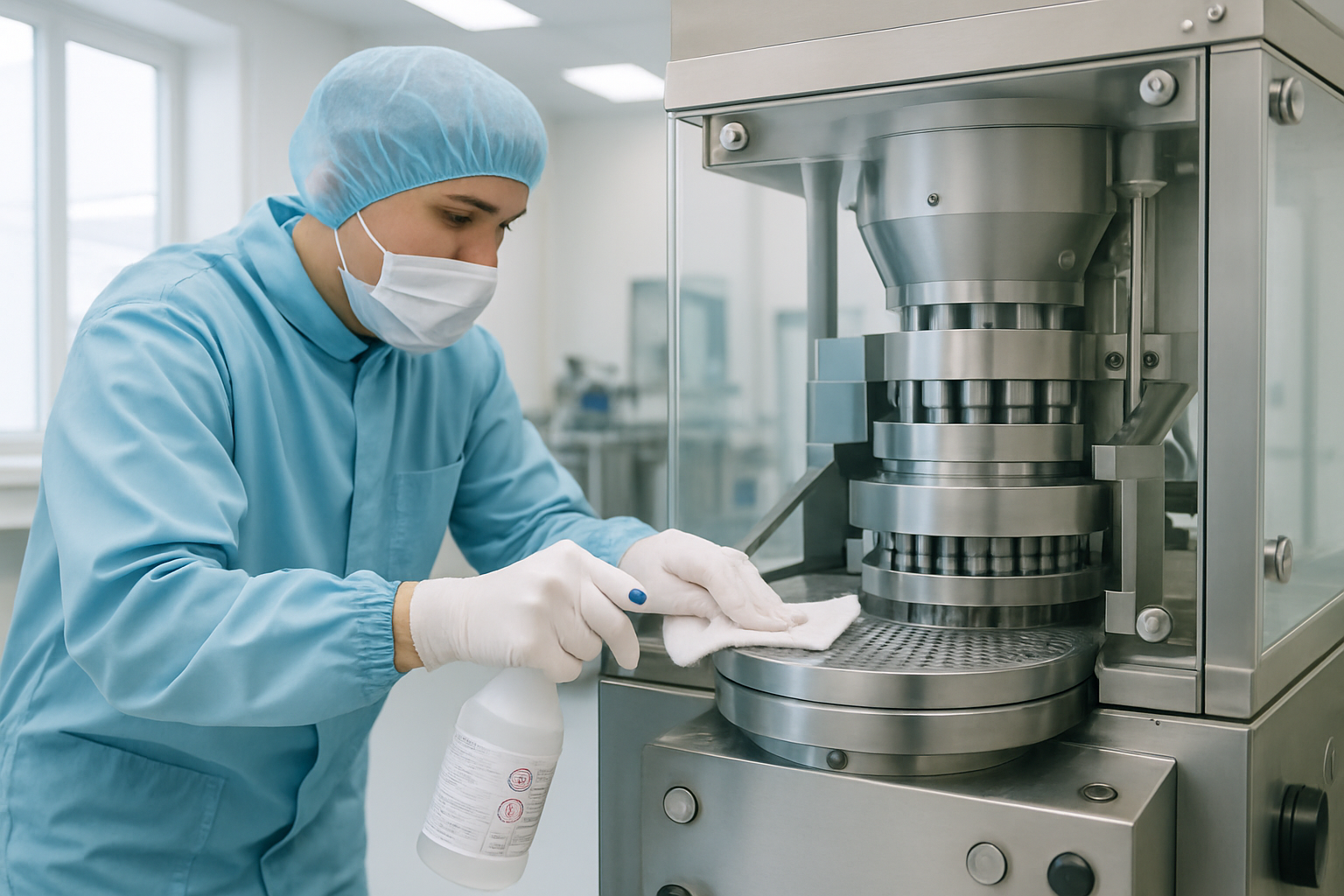 Technician cleaning a tablet compression machine in a pharmaceutical cleanroom.