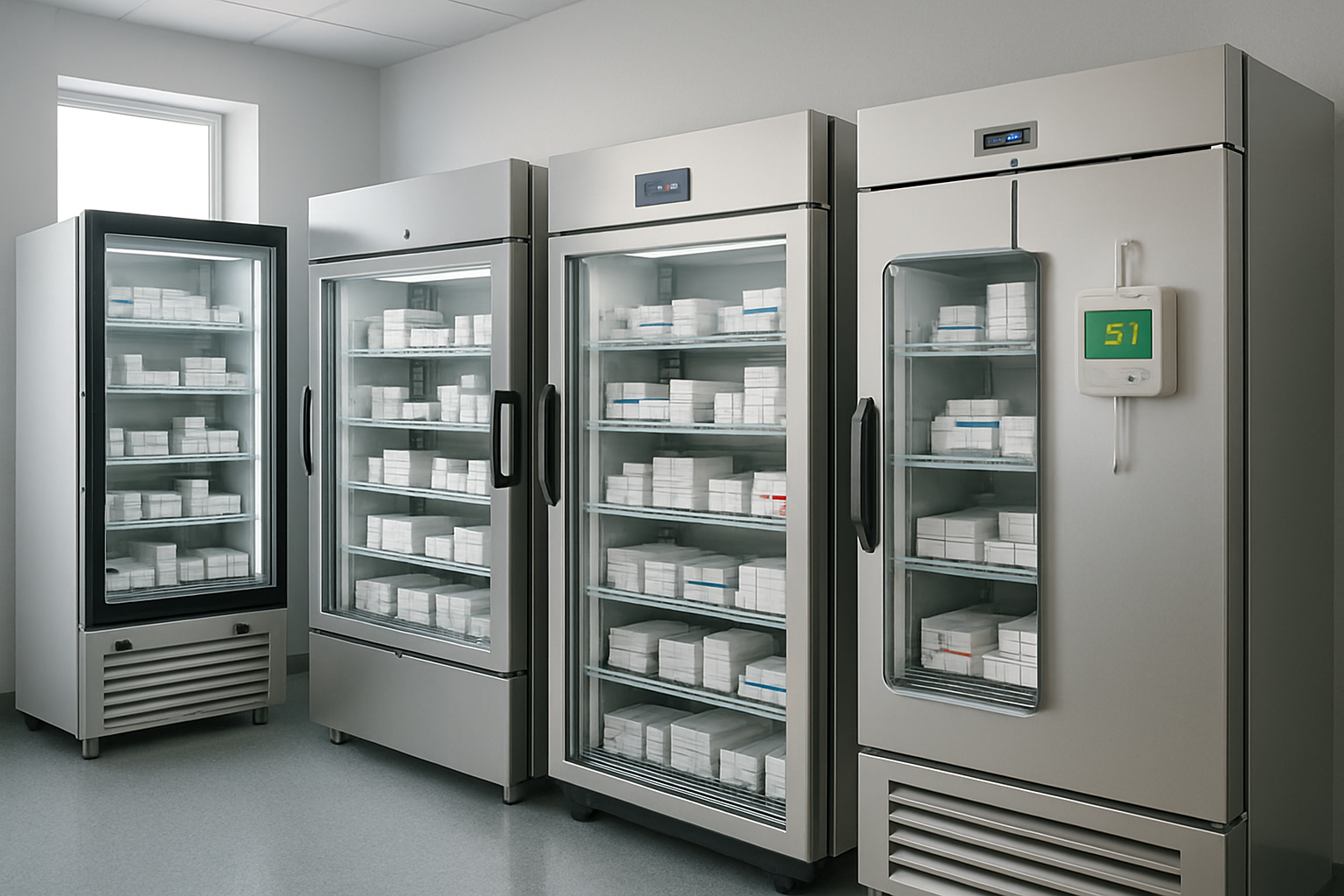 Temperature-controlled storage facility for pharmaceuticals with monitoring devices.