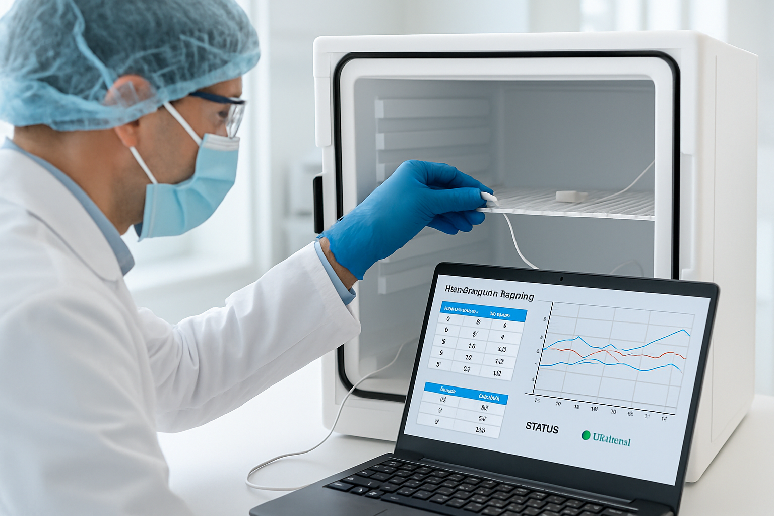 Laboratory technician performing temperature mapping for cold chain validation.