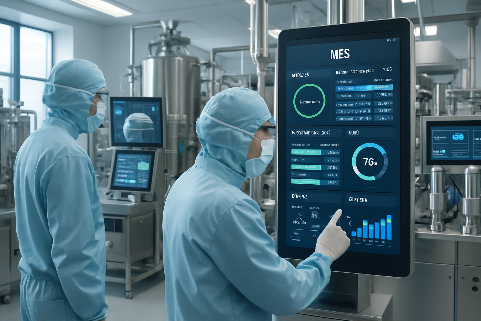 Operators using a Manufacturing Execution System in a modern pharmaceutical facility.