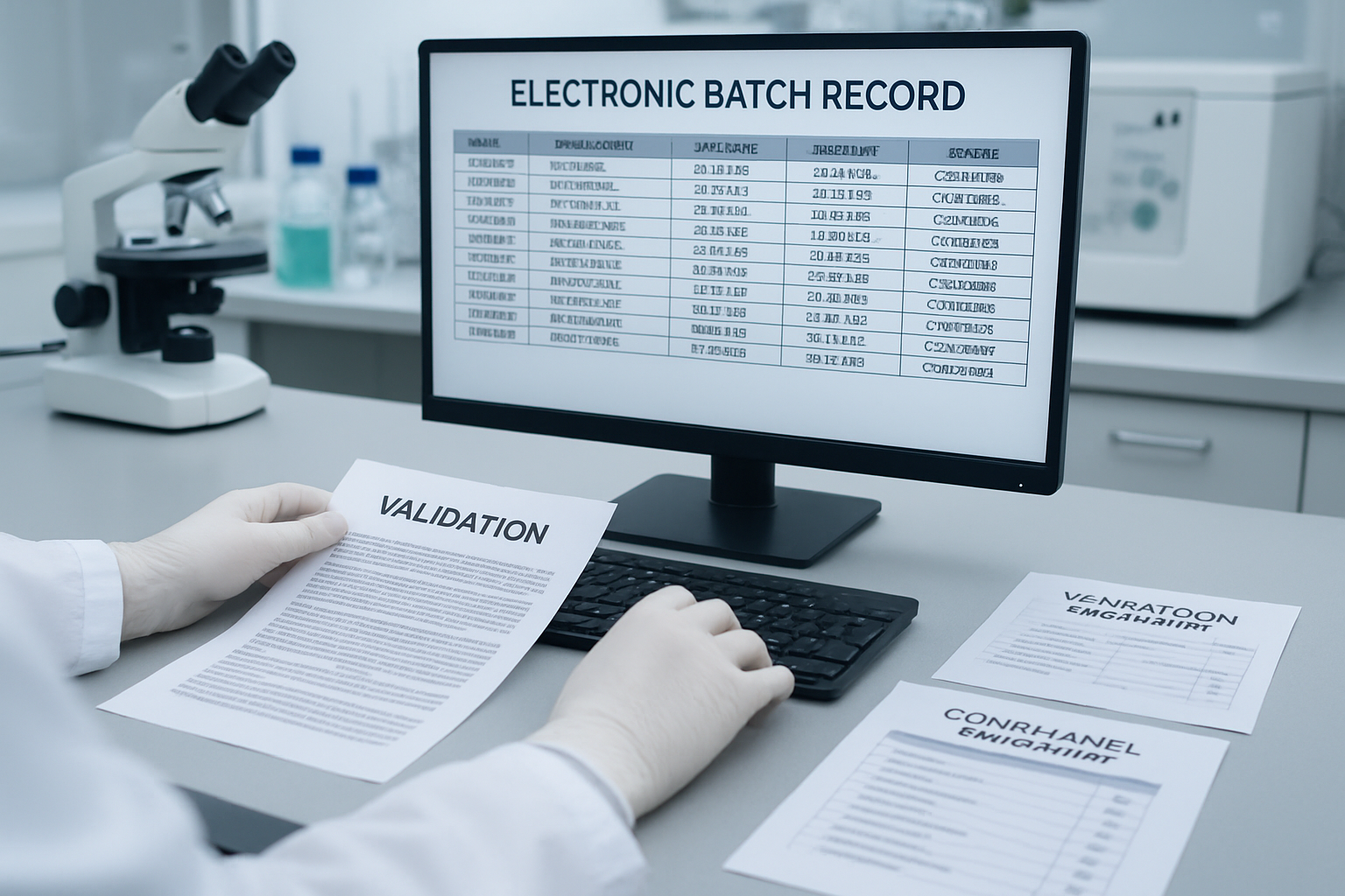 Technician reviewing electronic batch records for validation in a pharmaceutical lab.