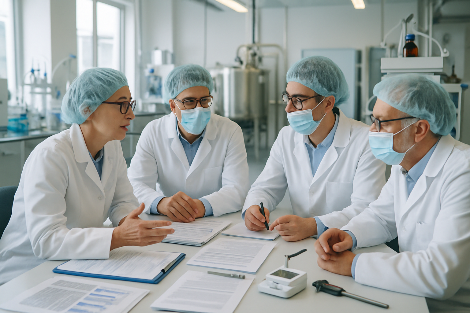 Pharmaceutical validation team discussing Form 483 observations in a lab.