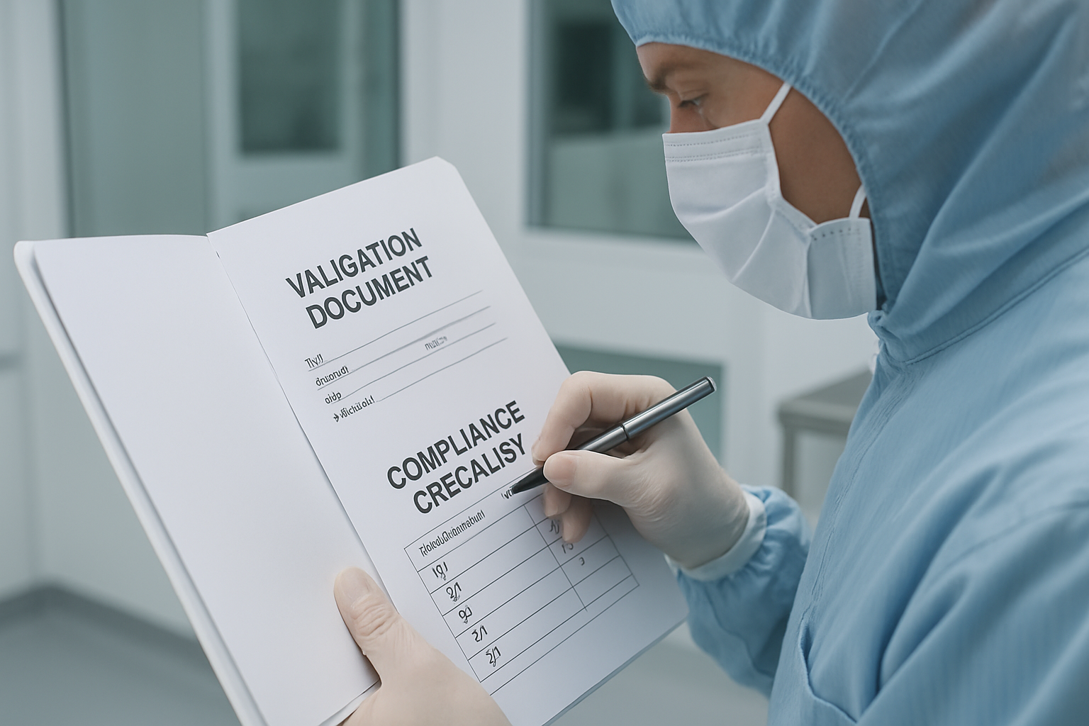 Quality assurance professional reviewing validation documents in a cleanroom.