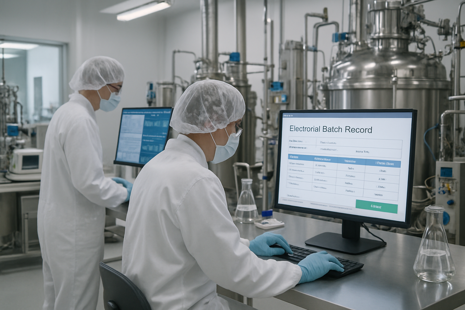 Pharmaceutical cleanroom with technicians validating electronic batch records.