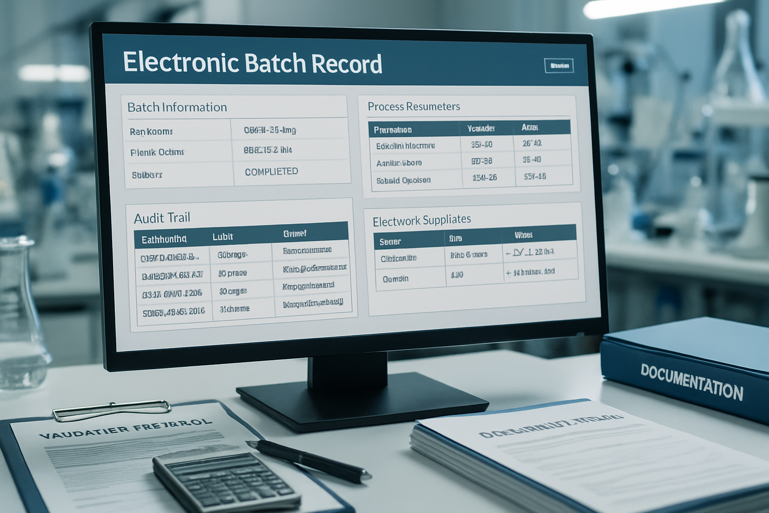 Close-up of a computer screen showing electronic batch record validation tools.