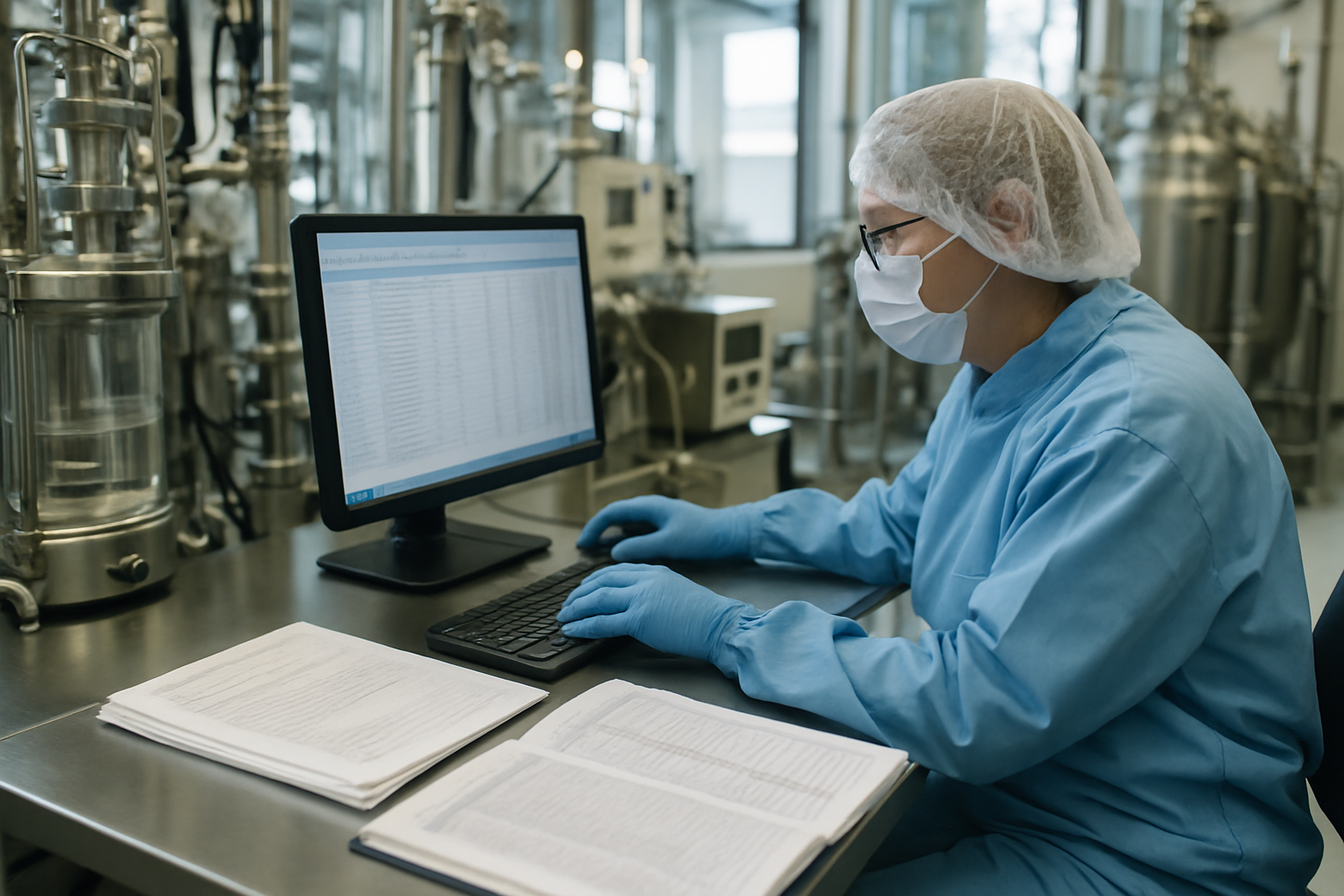 Technician entering data in a pharmaceutical lab, emphasizing data integrity in validation.