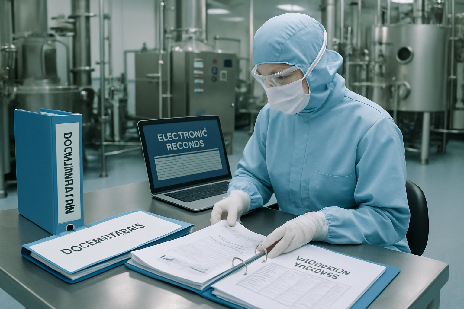Cleanroom showing organized documentation and electronic records in a pharmaceutical facility.