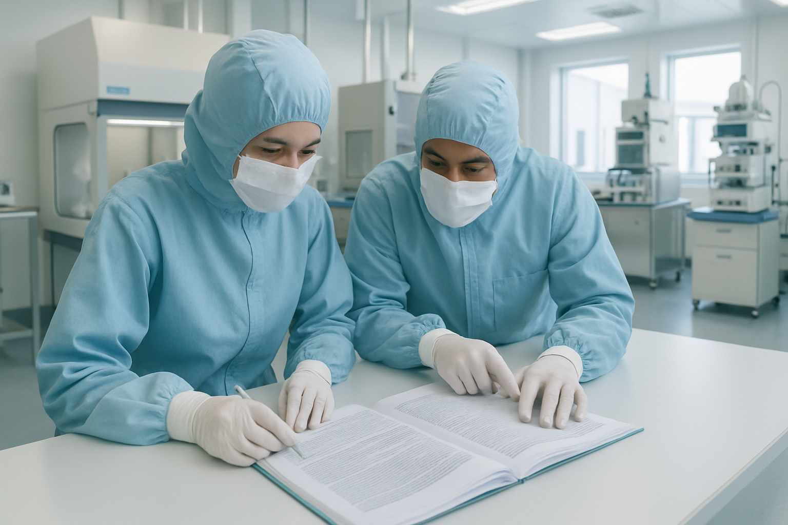 Technicians reviewing validation documentation in a pharmaceutical cleanroom.