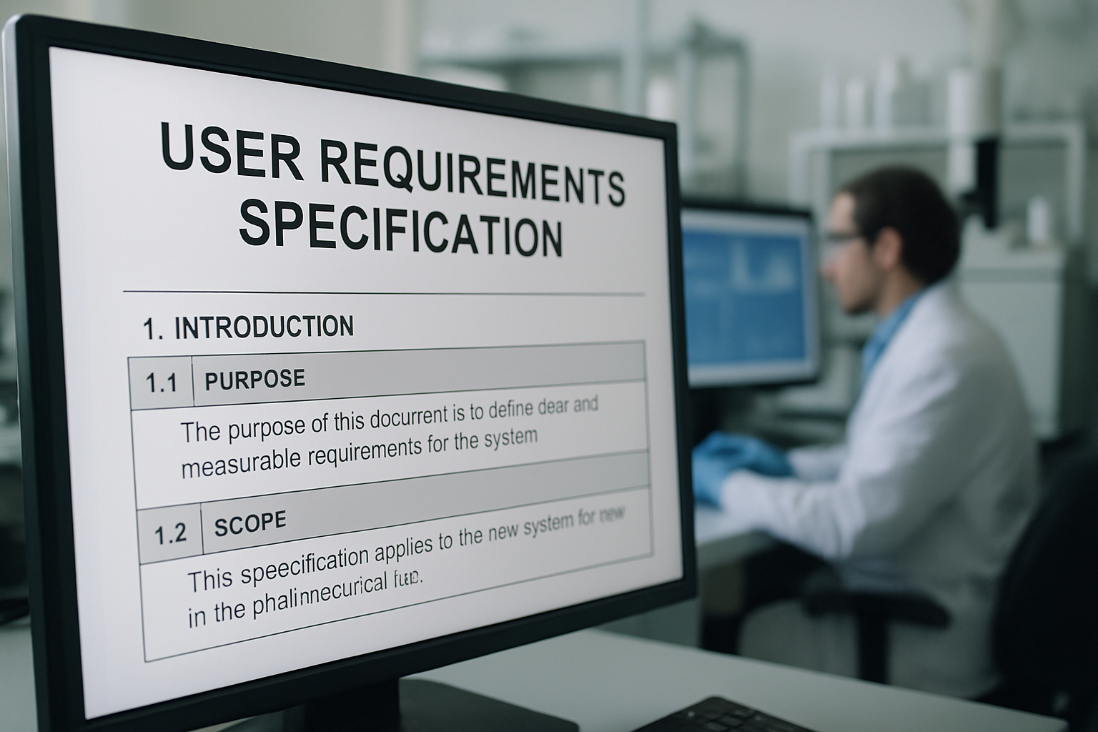 Close-up of a User Requirements Specification document on a computer screen in a lab.