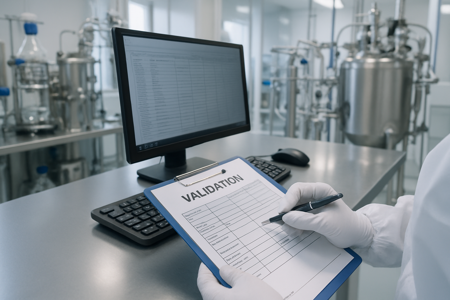 Validation documentation review in a pharmaceutical cleanroom, emphasizing compliance.