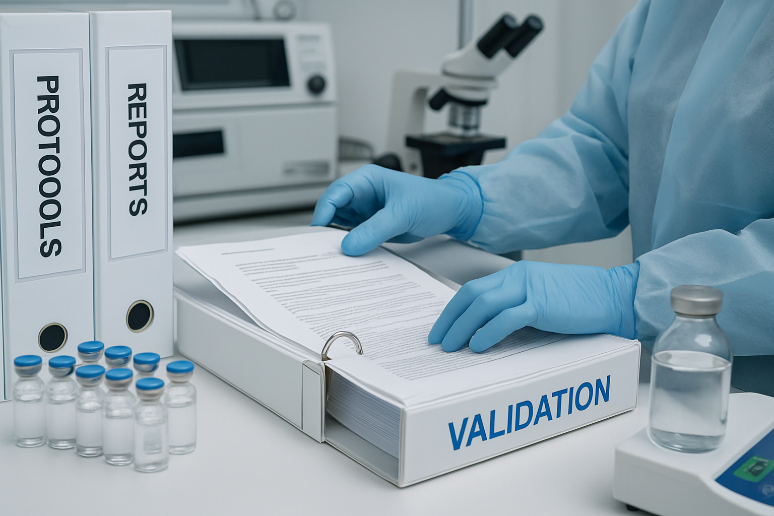 Laboratory technician organizing validation documents, showcasing meticulous documentation practices.