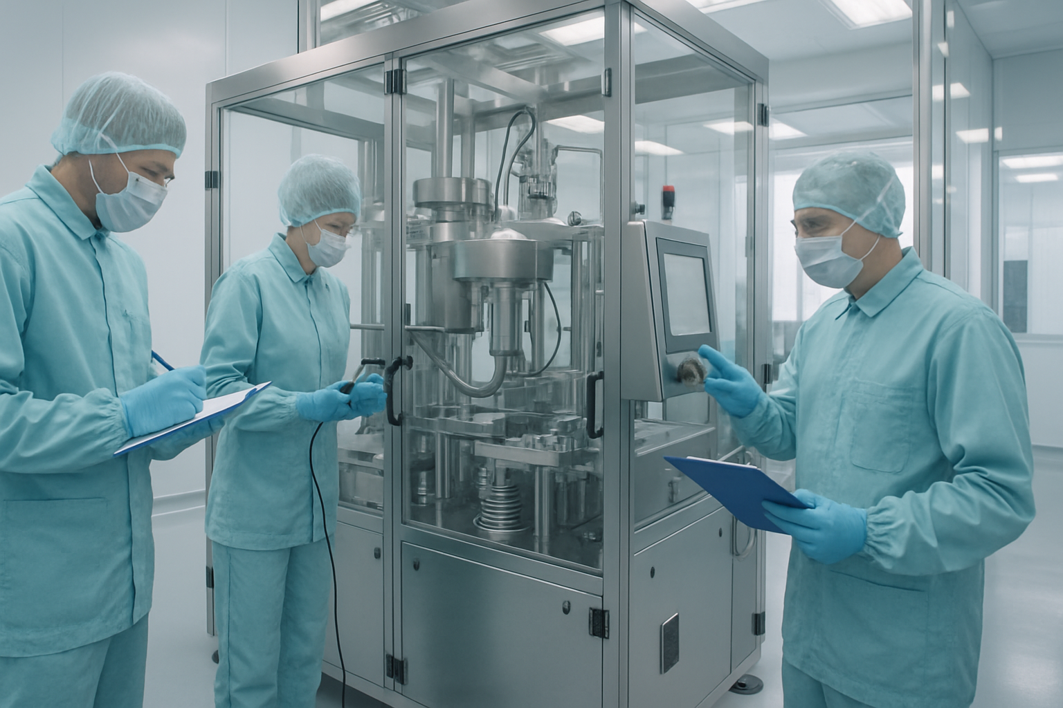 Technicians performing validation tests in a pharmaceutical cleanroom.