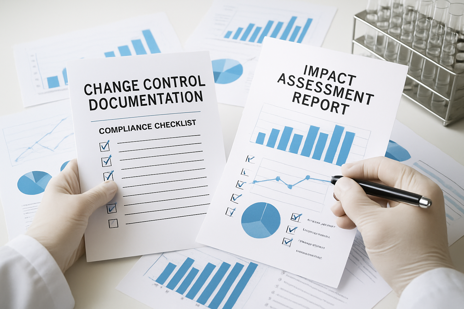 Quality control analyst reviewing impact assessment reports in a lab.