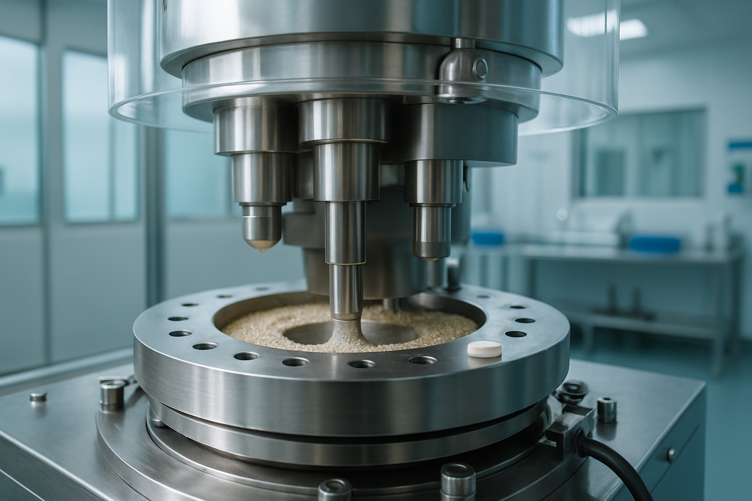 Tablet compression machine in a pharmaceutical cleanroom, compressing granules into tablets.